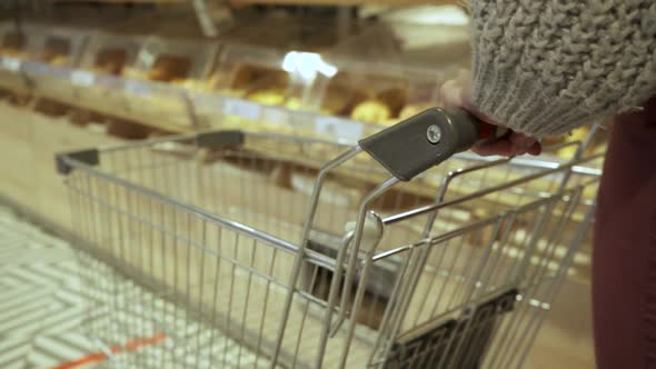 Closeup of a Young Female Shopper's Hands Moving an Empty Cart Through the Aisles of a Supermarket alt