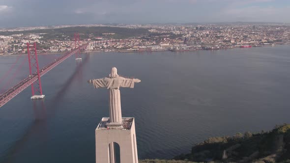 Aerial view of Christ the King statue and Tagus River