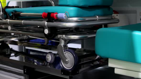 Interior of an Ambulance or Intensive Care Unit with a Pullout Trolley for Carrying the Patient