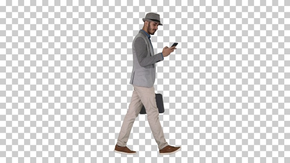 Casual Man Texting on Phone and Walking, Alpha Channel alt