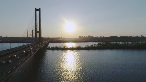 Video Footage Aerial View in  Quality of the South Bridge Across the Dnieper River in Kyiv Ukraine
