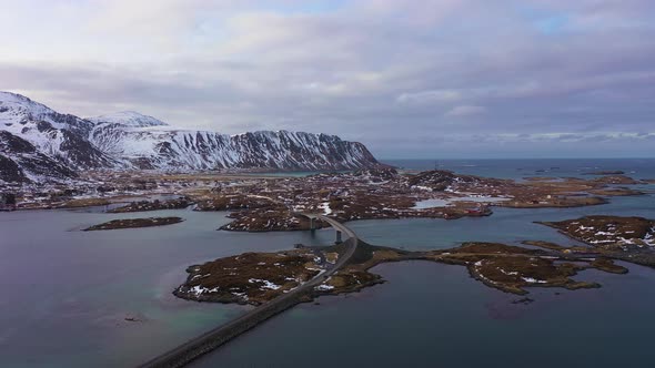 Fredvang Bridge and Village. Lofoten Islands, Landscape of Norway. Aerial View alt