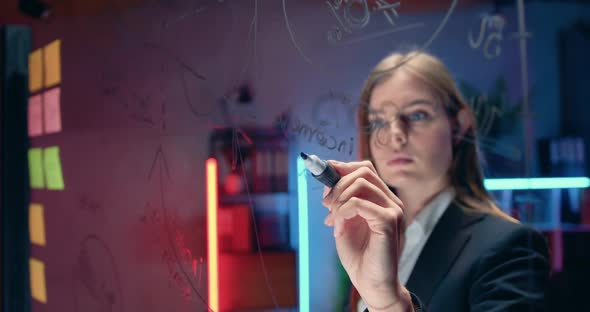 Businesswoman Standing Near Glass Wall and Writing on it Important Notes, Working Overtime alt