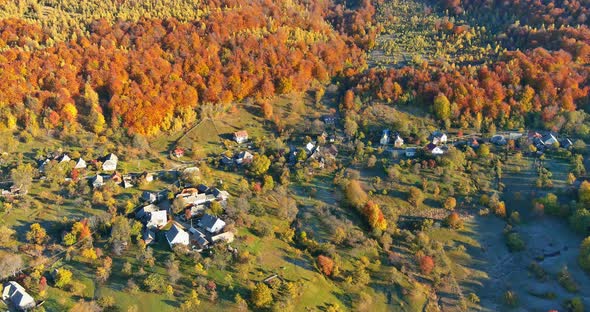 Beautiful Morning Through Mist Forest Mountain Autumn Valley Village Landscape Carpathians Ukraine alt