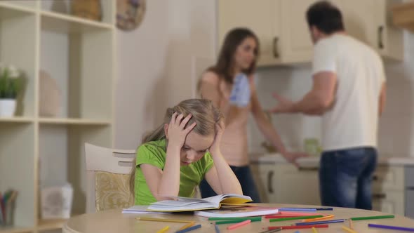 Upset Child Listening Divorcing Parents Fight, Suffering From Conflict in Family alt