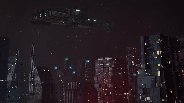 Futuristic, Dystopian Sci-Fi City at Night Establishing Shot - With Flying Cars and Spaceship