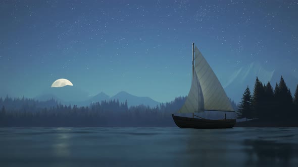 Fishing sailboat timelapse during the night. Mountains and moon in background alt