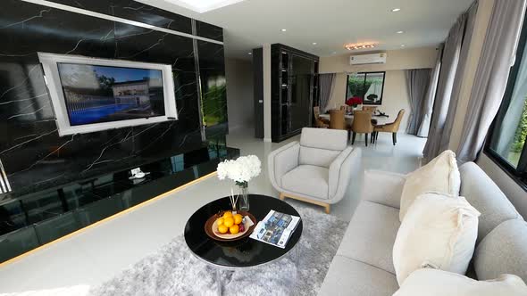 Luxury and Elegance White. Grey and Black Open Plan Home Decoration Idea alt