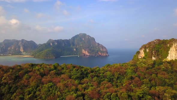 Aerial view of Phi Phi, Maya beach at sunset with Andaman sea in Phuket. Thailand