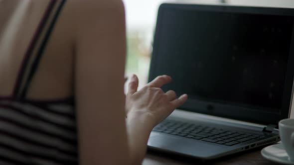 Young Beautiful Brunette Woman Works Home Kitchen Workplace Laptop