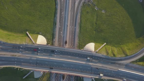 Summer Aerial Footage of Transport Junction, Traffic Cross Road Junction Day View From Above