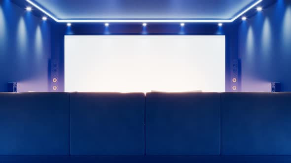 Beautiful home theatre. Modern cinema at the house. Multimedia room. Big screen. alt