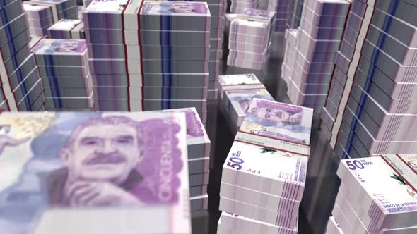 3d flight over the Colombia Pesos money banknote packs loop alt