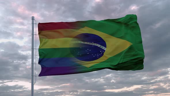 Waving Flag of Brazil State and LGBT Rainbow Flag Background alt