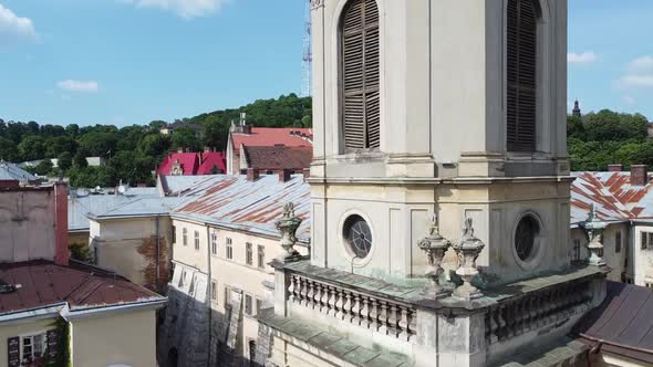 Aerial drone view of a flying over the Catholic Cathedral. alt