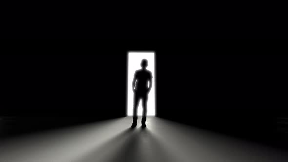 A person stands in front of an open door, rays of light penetrate inside