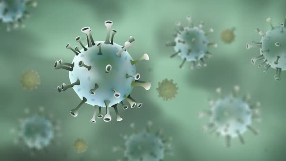 Coronavirus and germ particles floating on white green background
