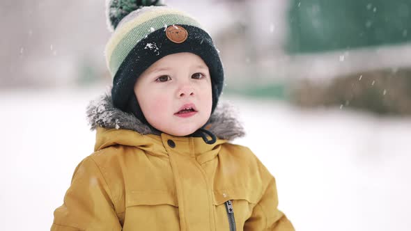 Adorable Portrait of Happy Toddler Boy on Winter Snowfall Background alt