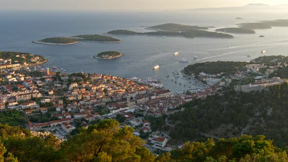 Croatia. Panoramic Shot of the Island City During Sunset. Yachts Sailing the Adriatic Sea alt