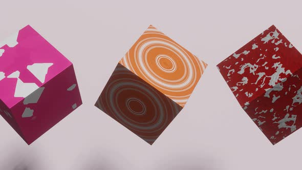 Multicolor cubes with abstract patterns on a white background. Seamless loop 3d render alt