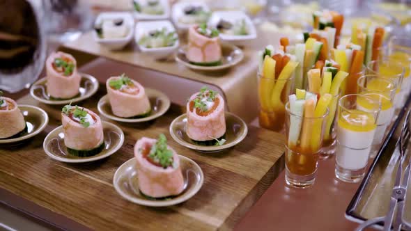 Mix Canapes on a Tray During a Coffee Break