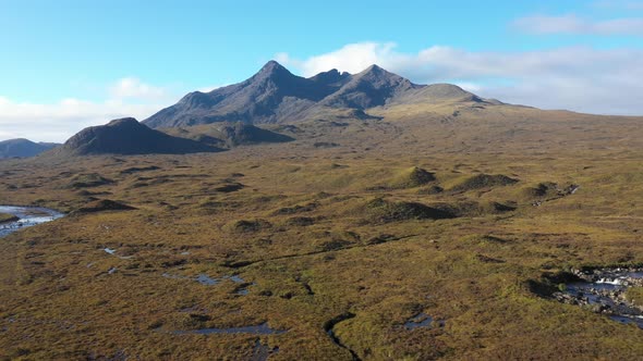 Drone view of Sgrr nan Gillean mountain and Sligachan Waterfalls in the Isle