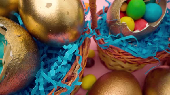 Easter Egg with Colorful Candies in a Basket Close Up