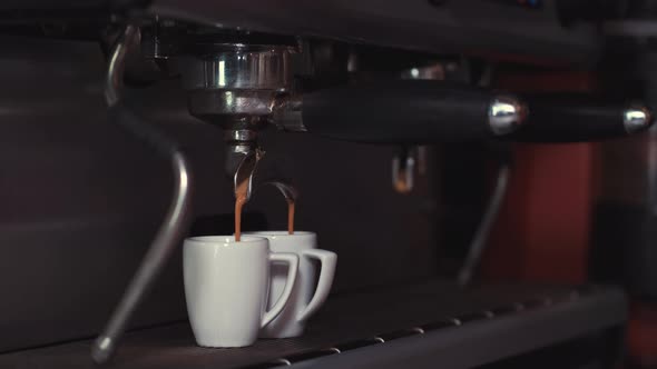 Barista Making Coffee at the Coffee Machine for a Customer alt