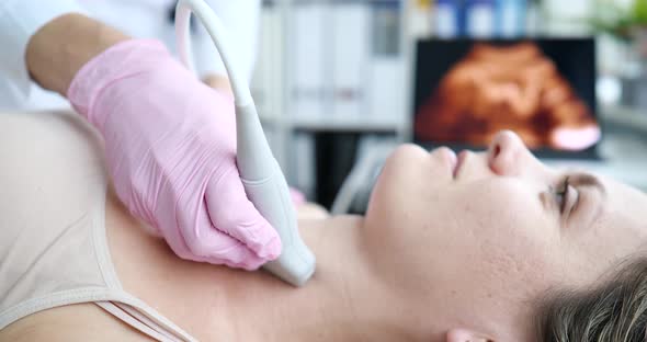 Ultrasound Machine Doctor Conducts Examination of Thyroid Gland in Woman alt
