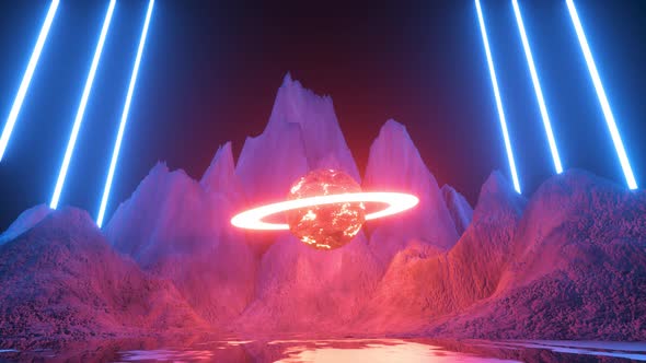 Scifi neon abstract background. Planet and ring in the center. Reflection of light on a wet surface alt