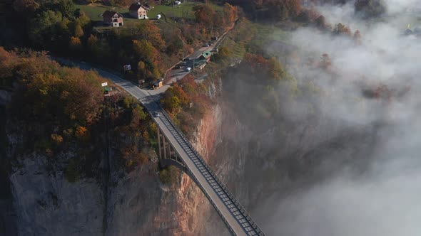Aerial Video of the Magnificent Djurdjevica Bridge Over the Tara River Canyon in the Northern Part alt