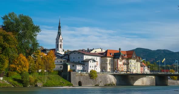 Timelapse of Golden Autumn in Famous Tourist Landmark Medieval Town Bad Tolz. View of Isar River alt