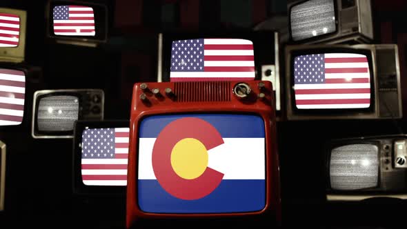 Flag of Colorado and US Flags on Retro TVs. alt