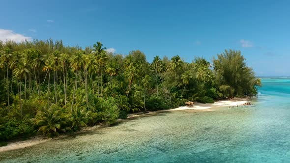 Aerial drone shot of a Motu in French Polynesia with a boat at the beach. Slowly fly over the motu a alt