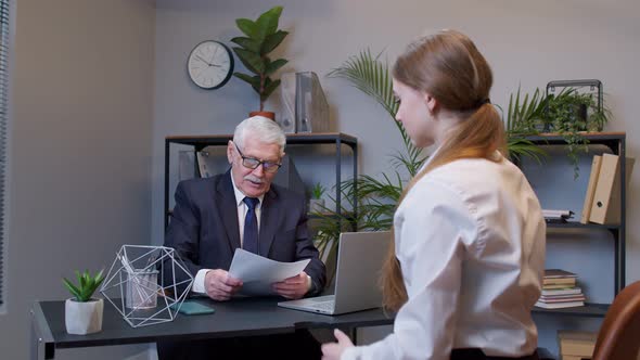 Young Woman Applicant Pass Job Interview for Enterprise Company Introduce Resume to Company Manager alt