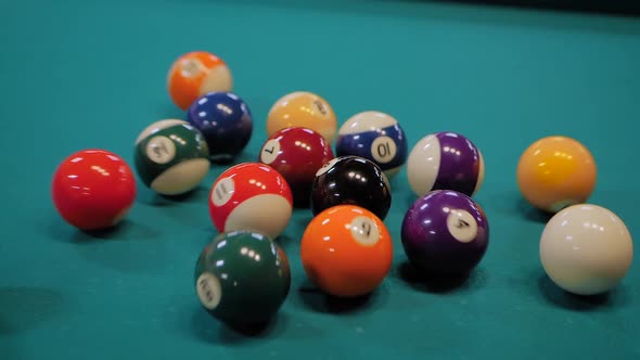 Slow Motion Breaking Racked Pool Balls on Teal Billiard Table  Close Up