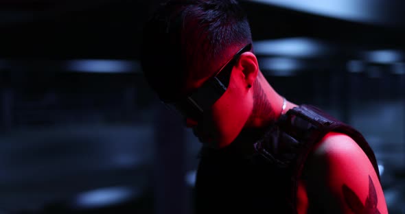 Cyberpunk Style. Neon Night Parking After the Rain. alt