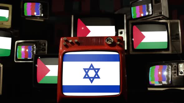 Israel Star of David Flag and Palestinian Flags on Retro TVs.