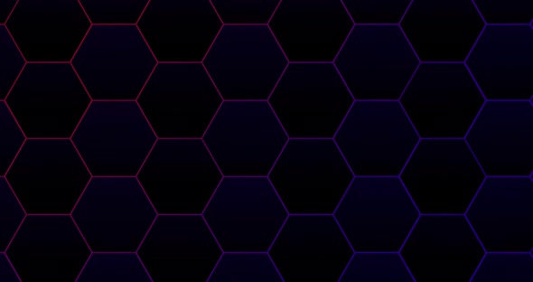 Wall of Random shifted neon honeycomb hexagon background metaverse, streaming concept.
