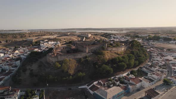 Aerial drone panorama of Moorish Castle in Castro Marim, Portugal alt