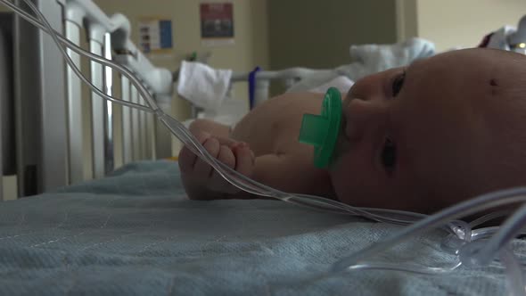 Baby in a hospital crib attached to an IV line sucking on a pacifier, starts to cry.  Shot in high s alt