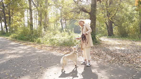 Beautiful Woman Raincoat Walks Her Dog Woods Sunny Morning Fresh Air alt