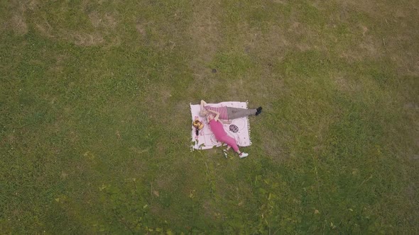 Family Weekend Picnic in Park. Aerial View. Senior Old Couple Lie on Blanket on Green Grass Meadow alt