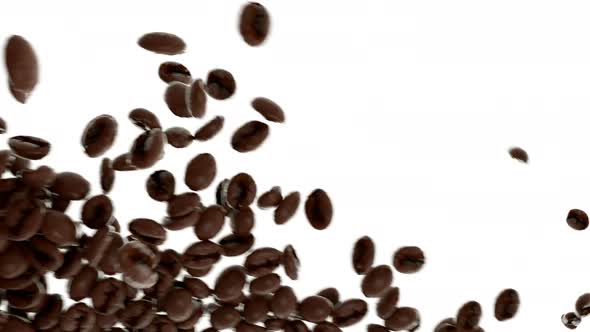 4k Roasted Coffee beans flow in slow motion with alpha. 3d rendering