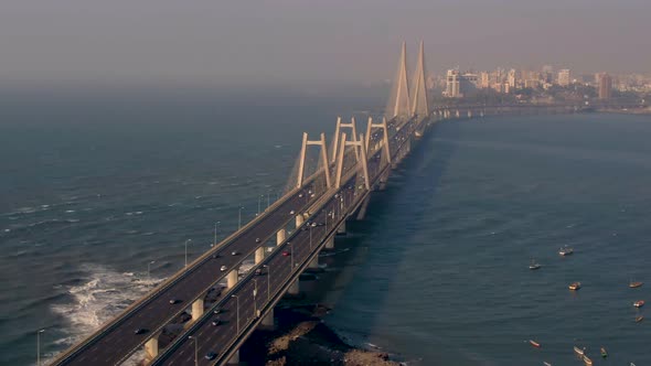 Mumbai, India, Worli Sea Link Bridge, 4k Aerial Drone City Skyline View alt