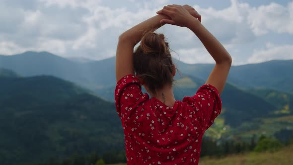 Woman Standing Mountains Scenery Closeup Back View alt