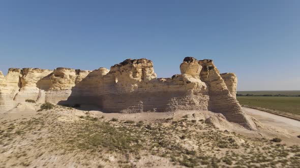 Monument Rocks in Kansas fly by shot. alt