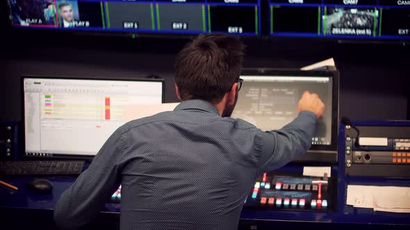 TV Channel Studio Room.Studio Director On Video Mixer Broadcast TV, TV Station Video Production alt