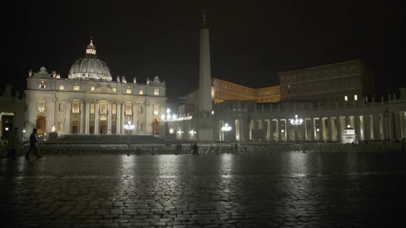 Travellers Walking Night Saint Peter's Square, Viewing Facade of Papal Basilica alt