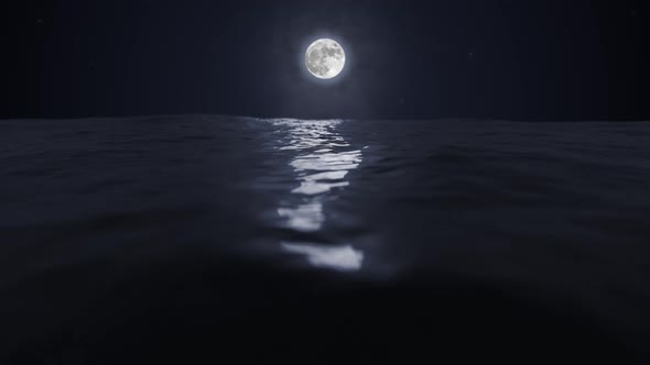 Beautiful Clear Moon Reflecting In The Ocean Or Sea Night Sky With Stars Loop 4k